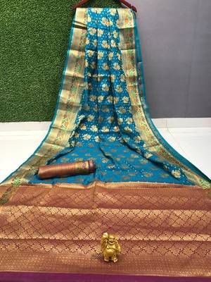 Womens Designer Blue Banarasi  Saree With Designer Blouse 1