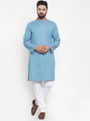 Blue Plain Cotton Men Kurtas 1