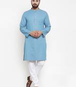 Blue Plain Cotton Men Kurtas