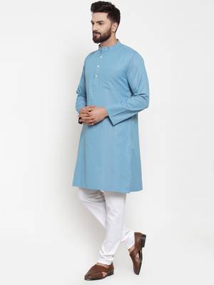 Blue Plain Cotton Men Kurtas 2
