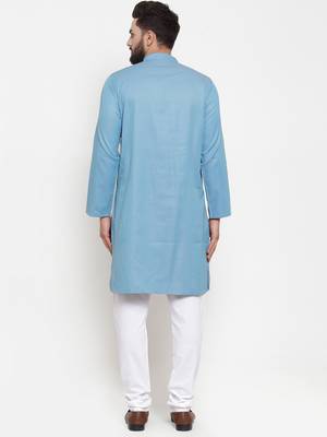 Blue Plain Cotton Men Kurtas 3