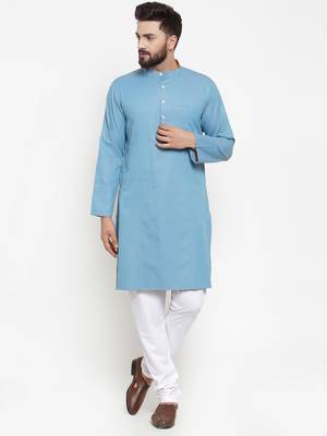Blue Plain Cotton Men Kurtas 4