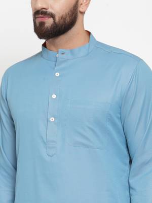 Blue Plain Cotton Men Kurtas 5