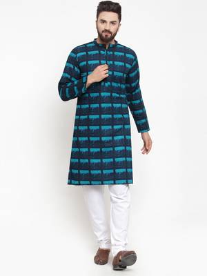 Green Printed Cotton Men Kurtas 4