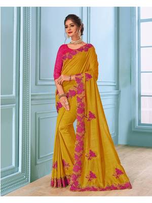 Mustard Embroidered Art Silk Saree With Blouse 1