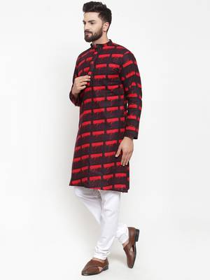 Red Printed Cotton Men Kurtas 2