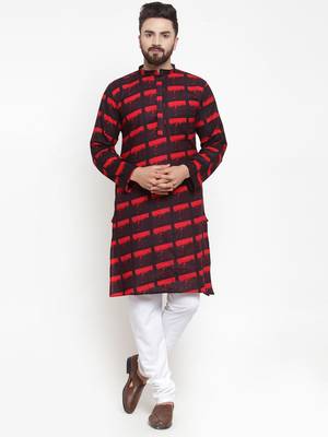 Red Printed Cotton Men Kurtas 4