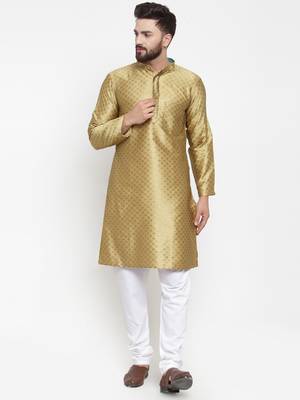 Yellow Plain Brocade Silk Men Kurtas 1