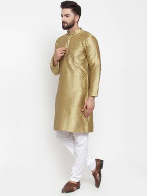 Yellow Plain Brocade Silk Men Kurtas 2