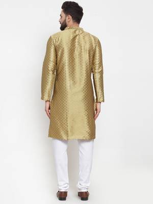 Yellow Plain Brocade Silk Men Kurtas 3