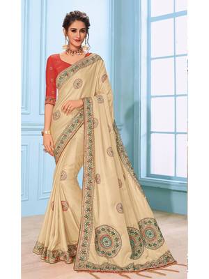 Cream Embroidered Art Silk Saree With Blouse 1
