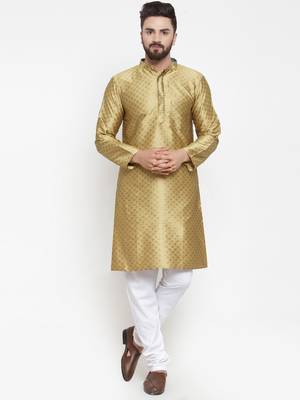 Yellow Plain Brocade Silk Men Kurtas 4
