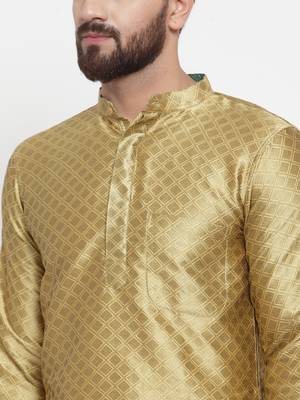 Yellow Plain Brocade Silk Men Kurtas 5