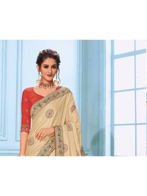Cream Embroidered Art Silk Saree With Blouse 2