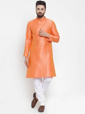 Orange Plain Brocade Silk Men Kurtas 1