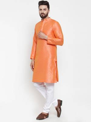 Orange Plain Brocade Silk Men Kurtas 2