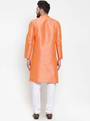 Orange Plain Brocade Silk Men Kurtas 3