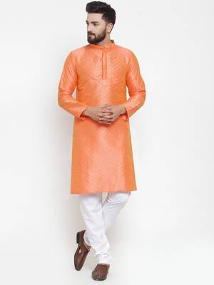 Orange Plain Brocade Silk Men Kurtas 4