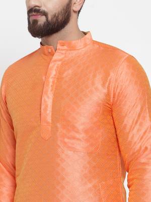 Orange Plain Brocade Silk Men Kurtas 5