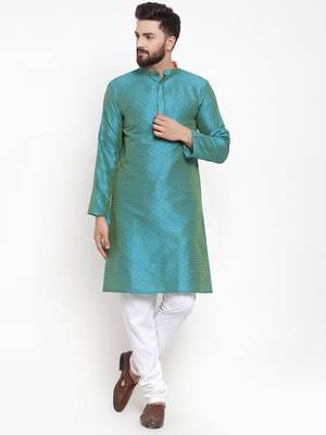 Blue Plain Brocade Silk Men Kurtas 1