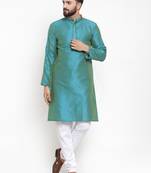 Blue Plain Brocade Silk Men Kurtas