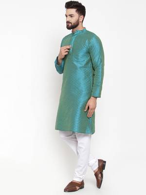 Blue Plain Brocade Silk Men Kurtas 2