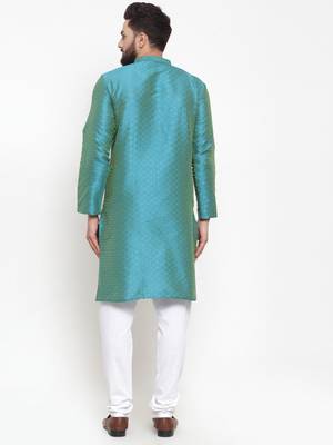 Blue Plain Brocade Silk Men Kurtas 3