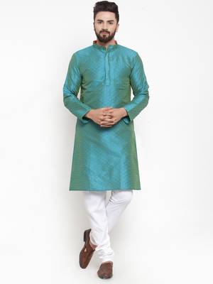 Blue Plain Brocade Silk Men Kurtas 4