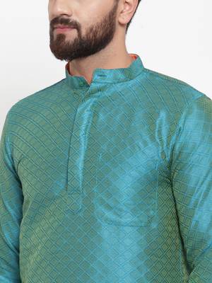 Blue Plain Brocade Silk Men Kurtas 5