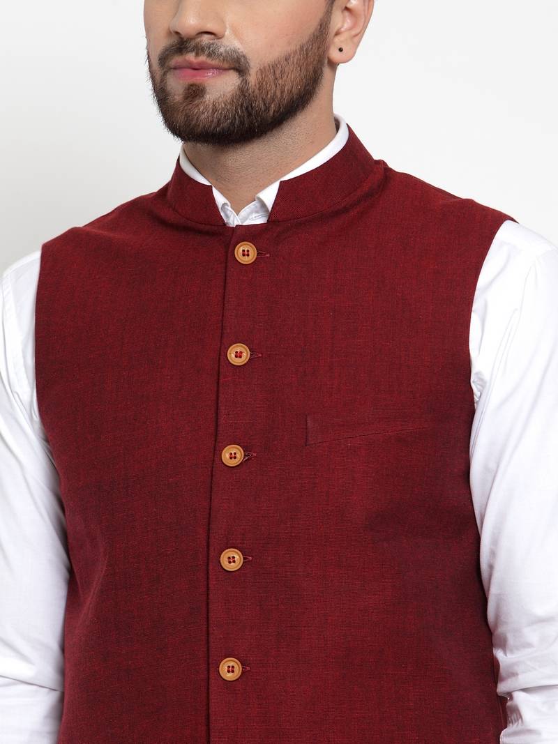 Maroon Plain Cotton Nehru Jacket NEUDIS by Dhrohar 3145660