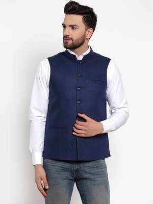 Blue Plain Woollen Nehru Jacket 1