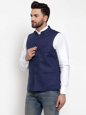 Blue Plain Woollen Nehru Jacket 2