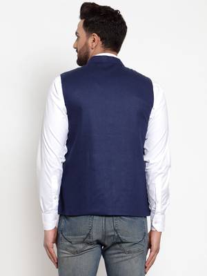 Blue Plain Woollen Nehru Jacket 3