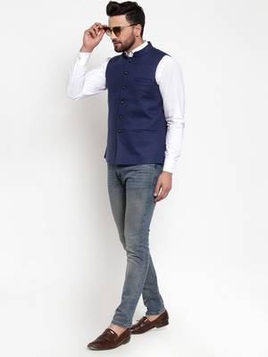 Blue Plain Woollen Nehru Jacket 4