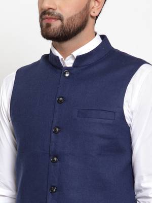 Blue Plain Woollen Nehru Jacket 5