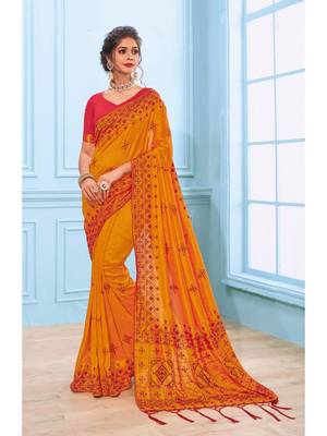 Orange Embroidered Art Silk Saree With Blouse 1