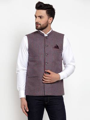 Red Plain Woollen Nehru Jacket 1