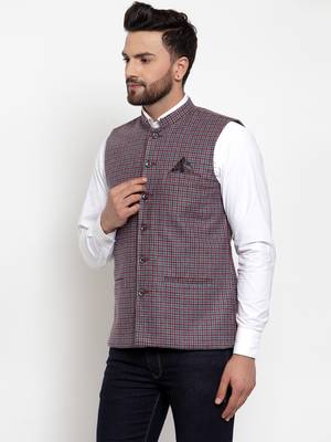 Red Plain Woollen Nehru Jacket 2