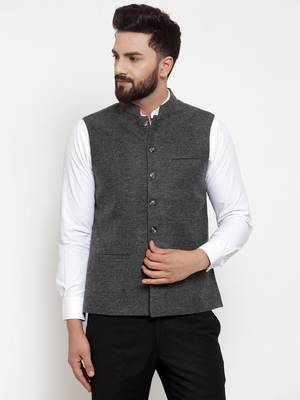Grey Plain Woollen Nehru Jacket 1