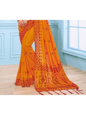 Orange Embroidered Art Silk Saree With Blouse 3