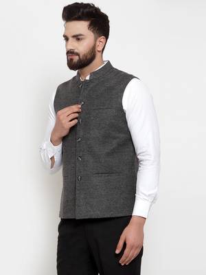 Grey Plain Woollen Nehru Jacket 2