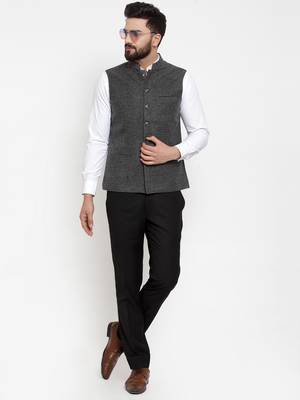Grey Plain Woollen Nehru Jacket 4
