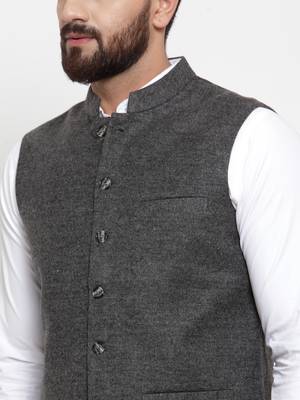 Grey Plain Woollen Nehru Jacket 5