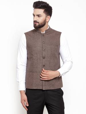 Brown Plain Woollen Nehru Jacket 1