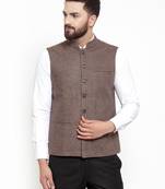 Brown Plain Woollen Nehru Jacket