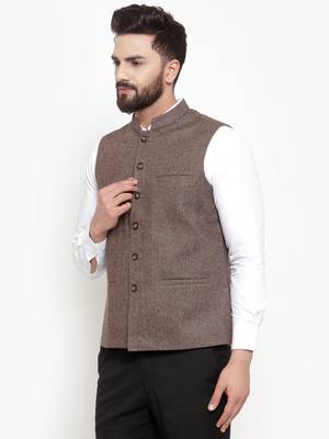 Brown Plain Woollen Nehru Jacket 2