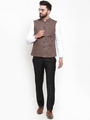 Brown Plain Woollen Nehru Jacket 4