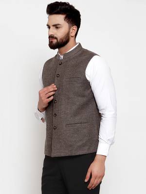 Grey Plain Woollen Nehru Jacket 2