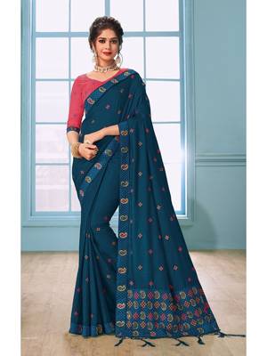 Blue Embroidered Art Silk Saree With Blouse 1