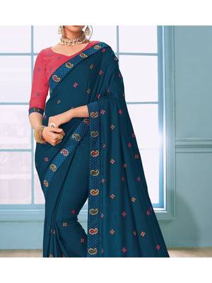 Blue Embroidered Art Silk Saree With Blouse 3